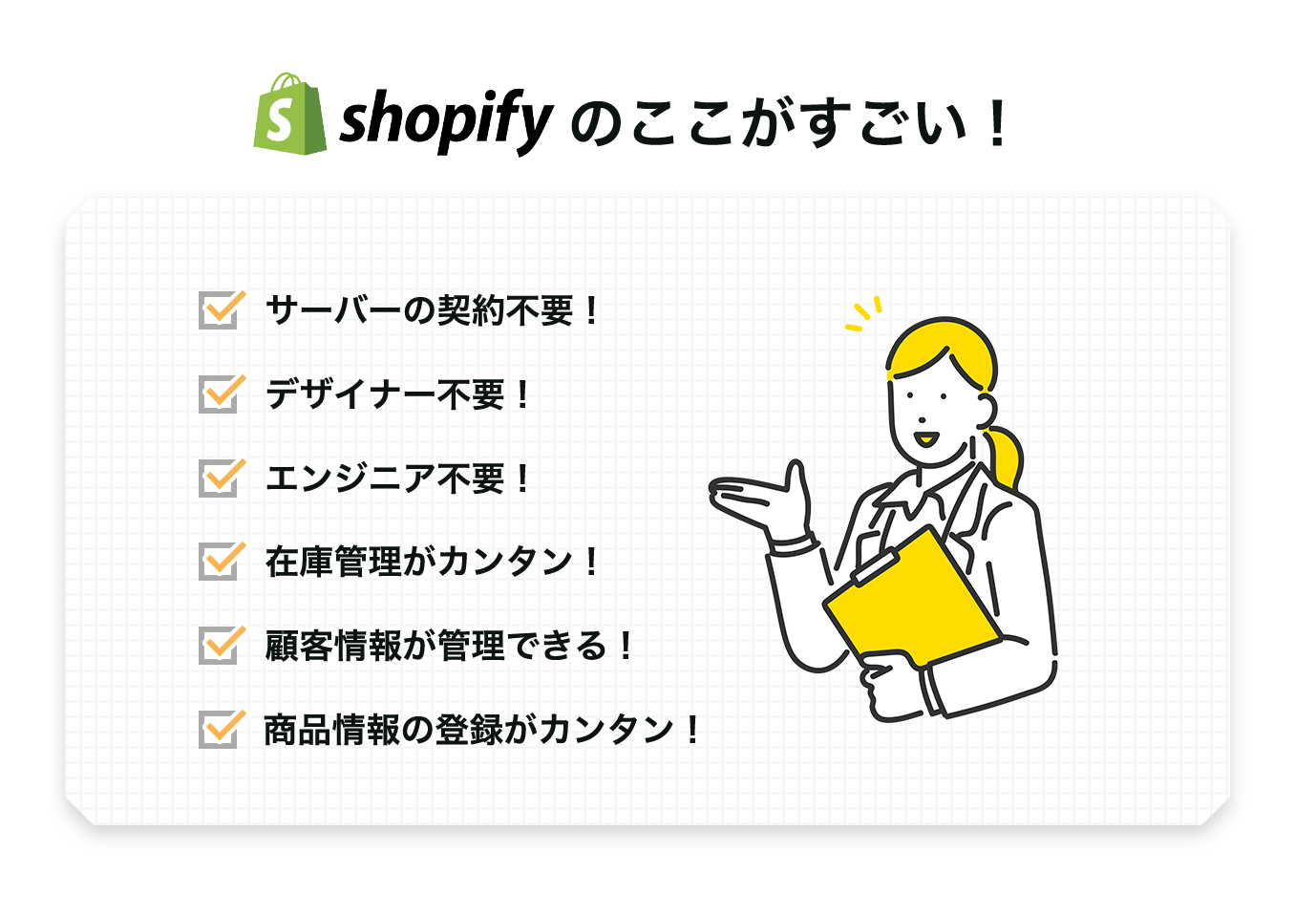 shopifyのここがすごい！　サーバーの契約不要　デザイナー不要　エンジニア不要　在庫管理がカンタン　顧客情報が管理できる　商品情報の登録がカンタン